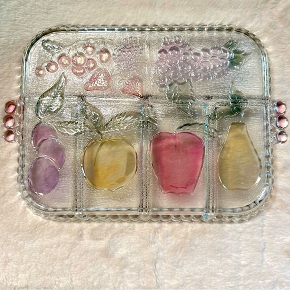 Vintage Pressed Indiana Glass 5-Section Fruit Design Relish Tray Serving Platter - Picture 5 of 13